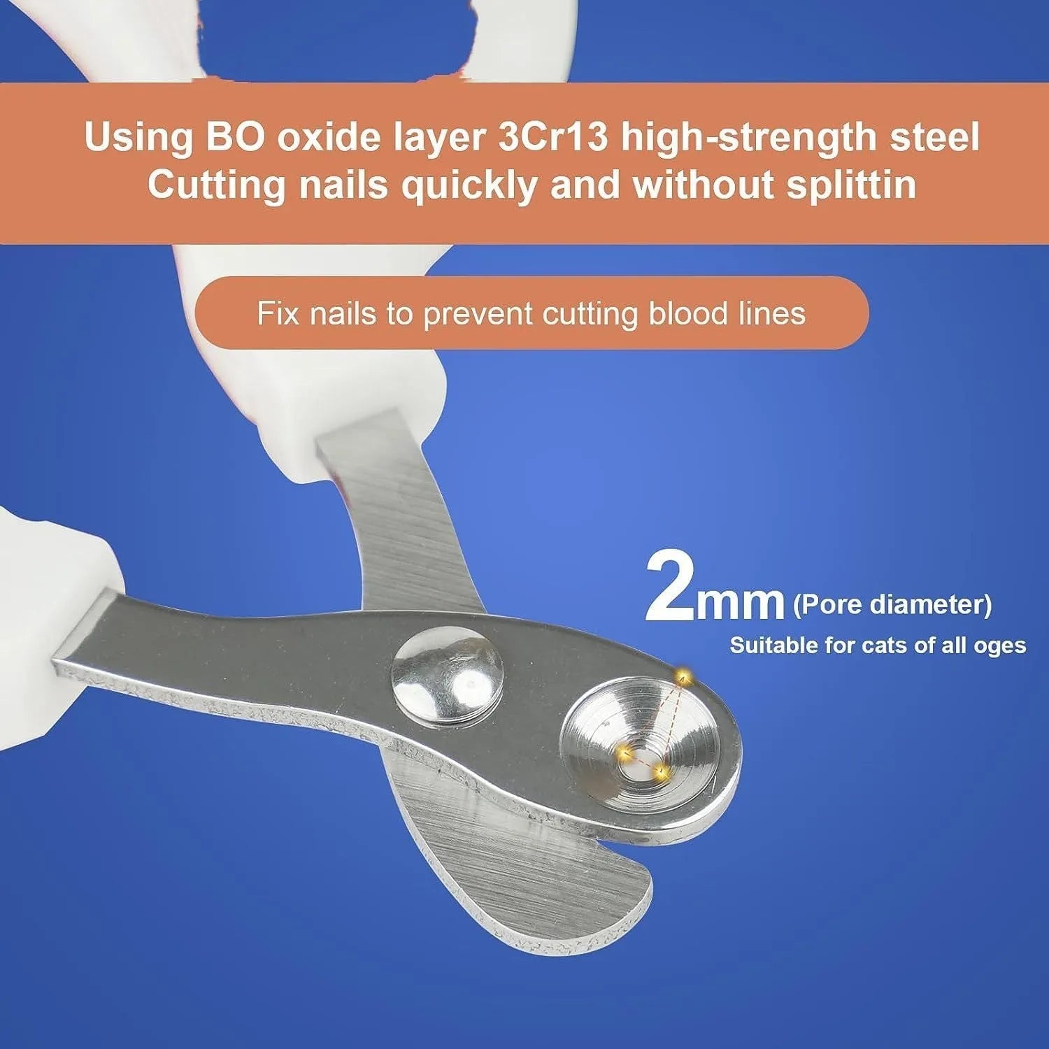 Blue professional cat nail clippers with circular safety hole and non-slip grip.