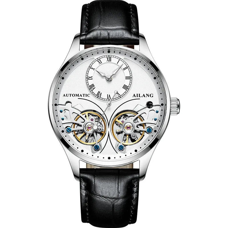 Men's automatic watch with tourbillon and moon phase complications in black steel case