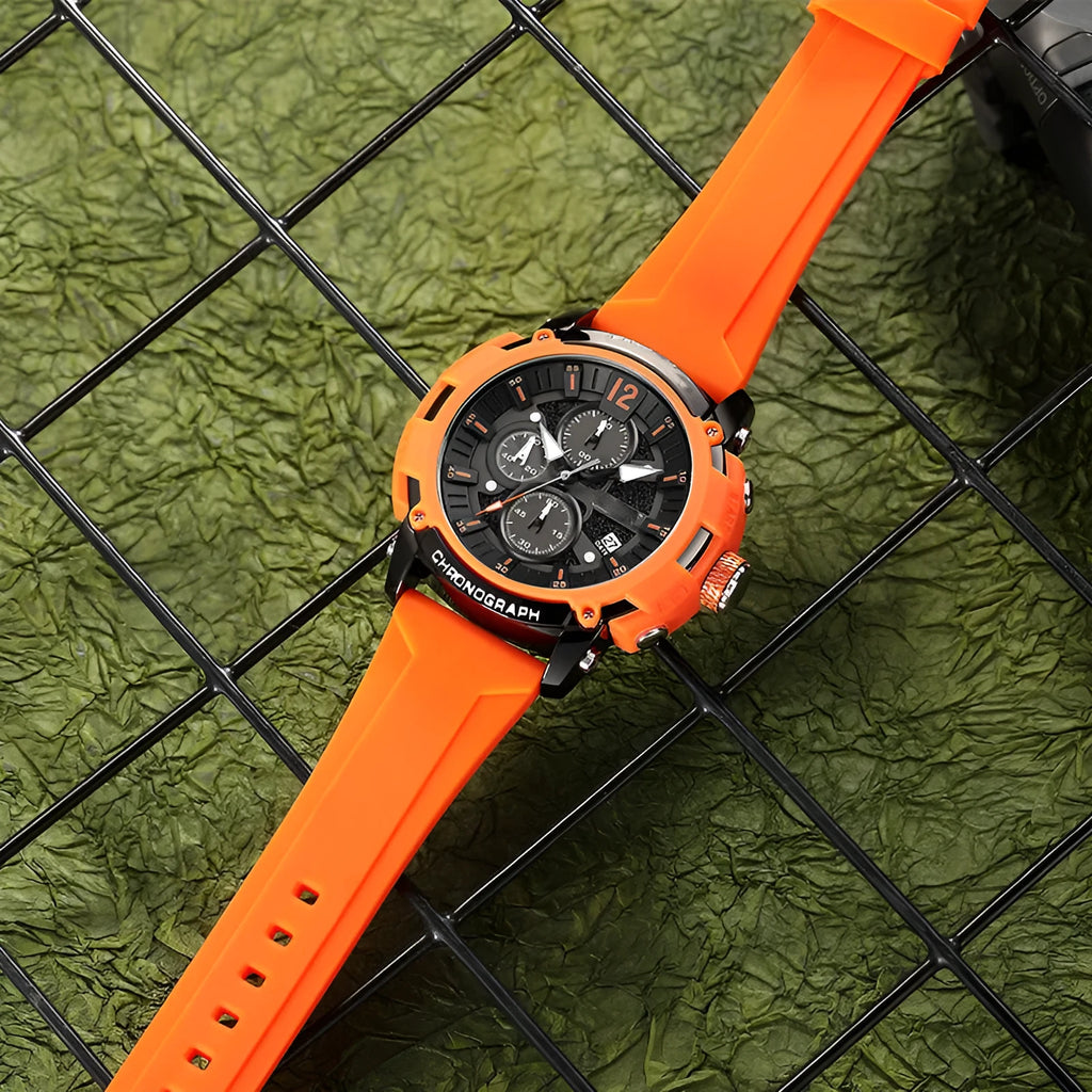 Men's multi-function digital watch with luminous display on a wrist, showing black, blue, green, orange, and red colour options.