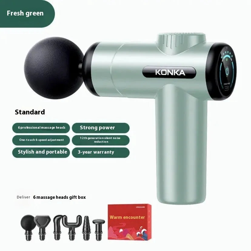 Konka V19 mini electric massage gun in grey colour with multiple massage heads on a red box.