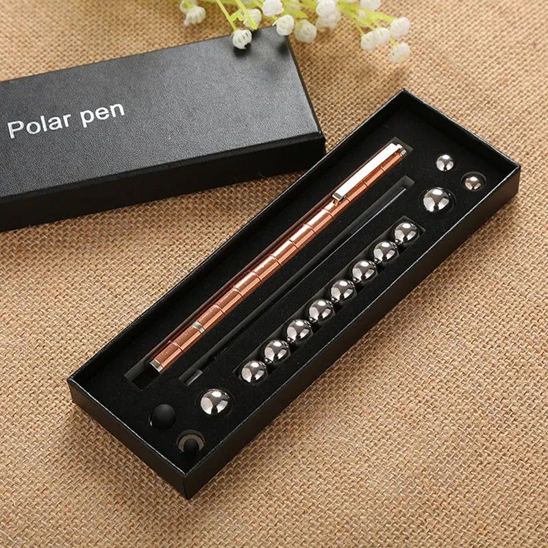 Magnetic modular pen with 13 rings, 12 steel balls, 3 refills, and capacitive head in silver iron box