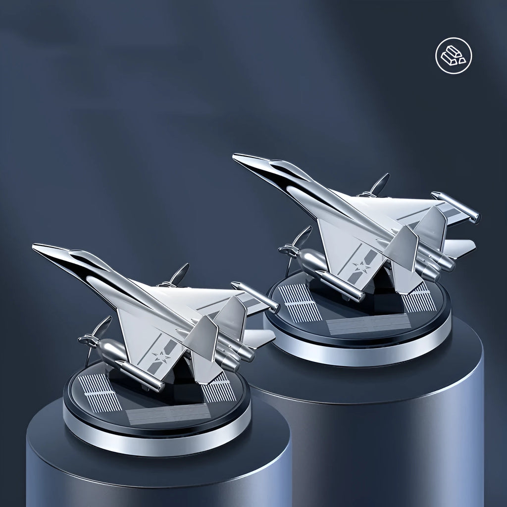 Solar powered rotating fighter aircraft perfume ornament in metallic finish with essential oil diffuser
