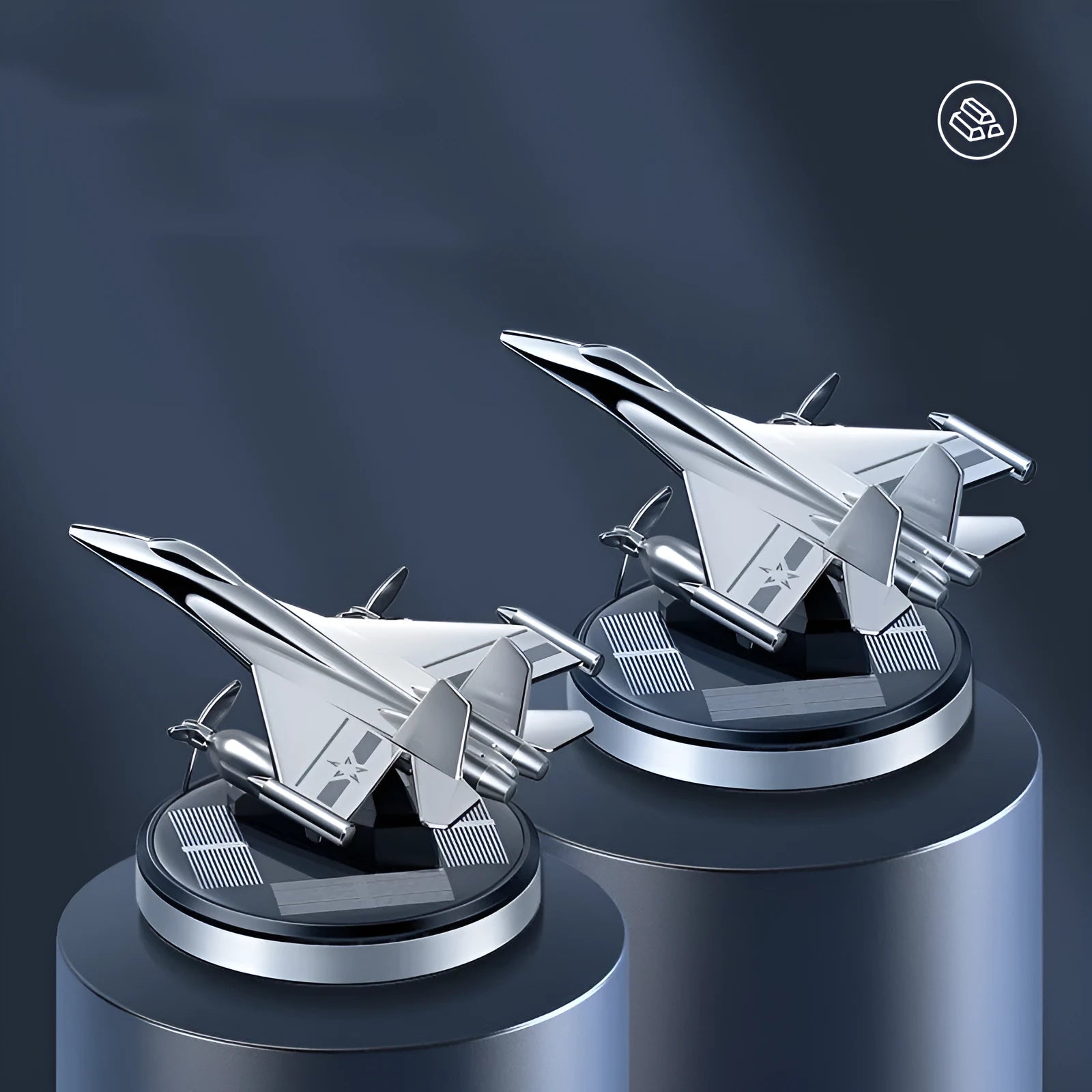 Solar powered rotating fighter aircraft perfume ornament in metallic finish with essential oil diffuser