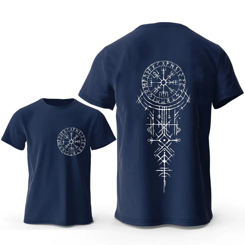 Man wearing a black cotton T-shirt with a detailed white Viking rune compass graphic on the chest.