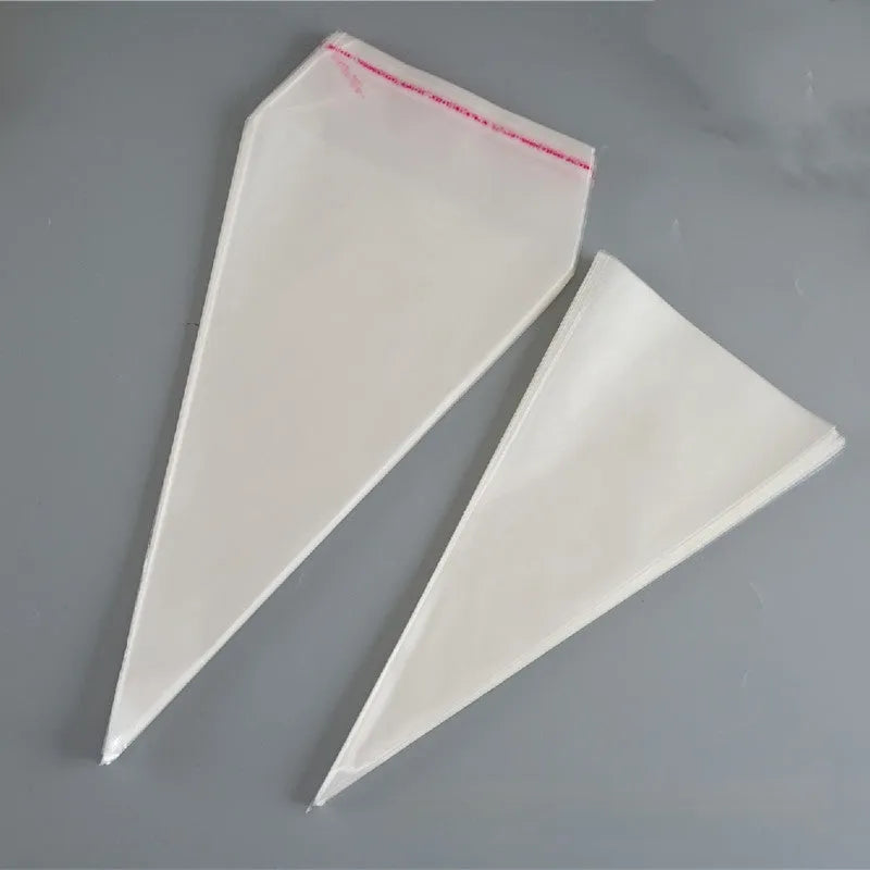 Clear triangle-shaped plastic packaging bag with a built-in white tie wire, shown sealed.