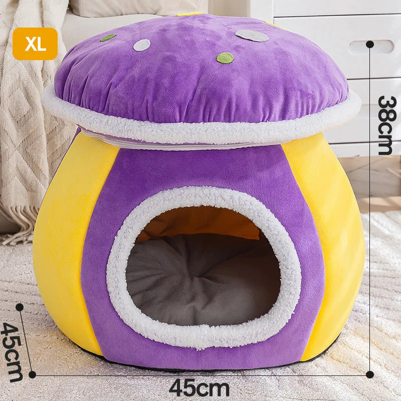 Grey mushroom-shaped cat nest bed with a detachable plush blanket for indoor cats.