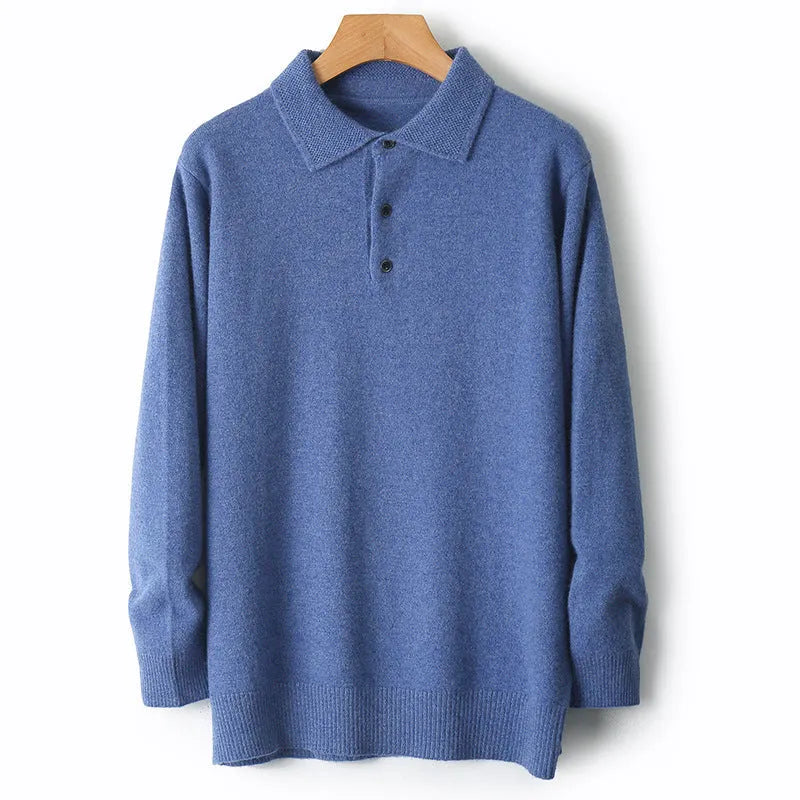 Men's grey wool pullover sweater with a polo collar and long sleeves laid flat.