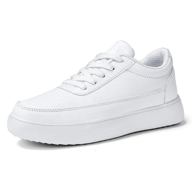Women's white leather lace-up casual flat shoes on a neutral background.