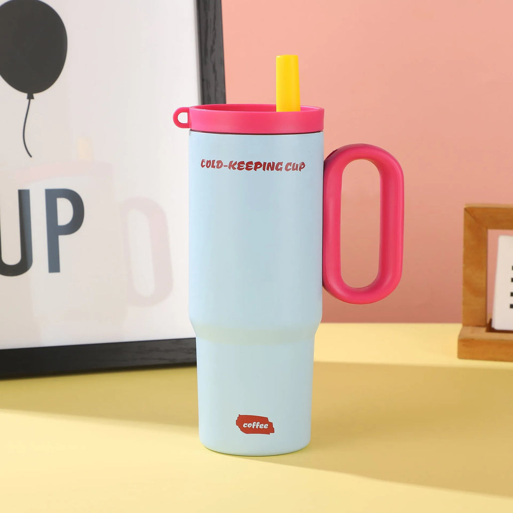 Large insulated straw drinking cup with a carrying handle in various colours.