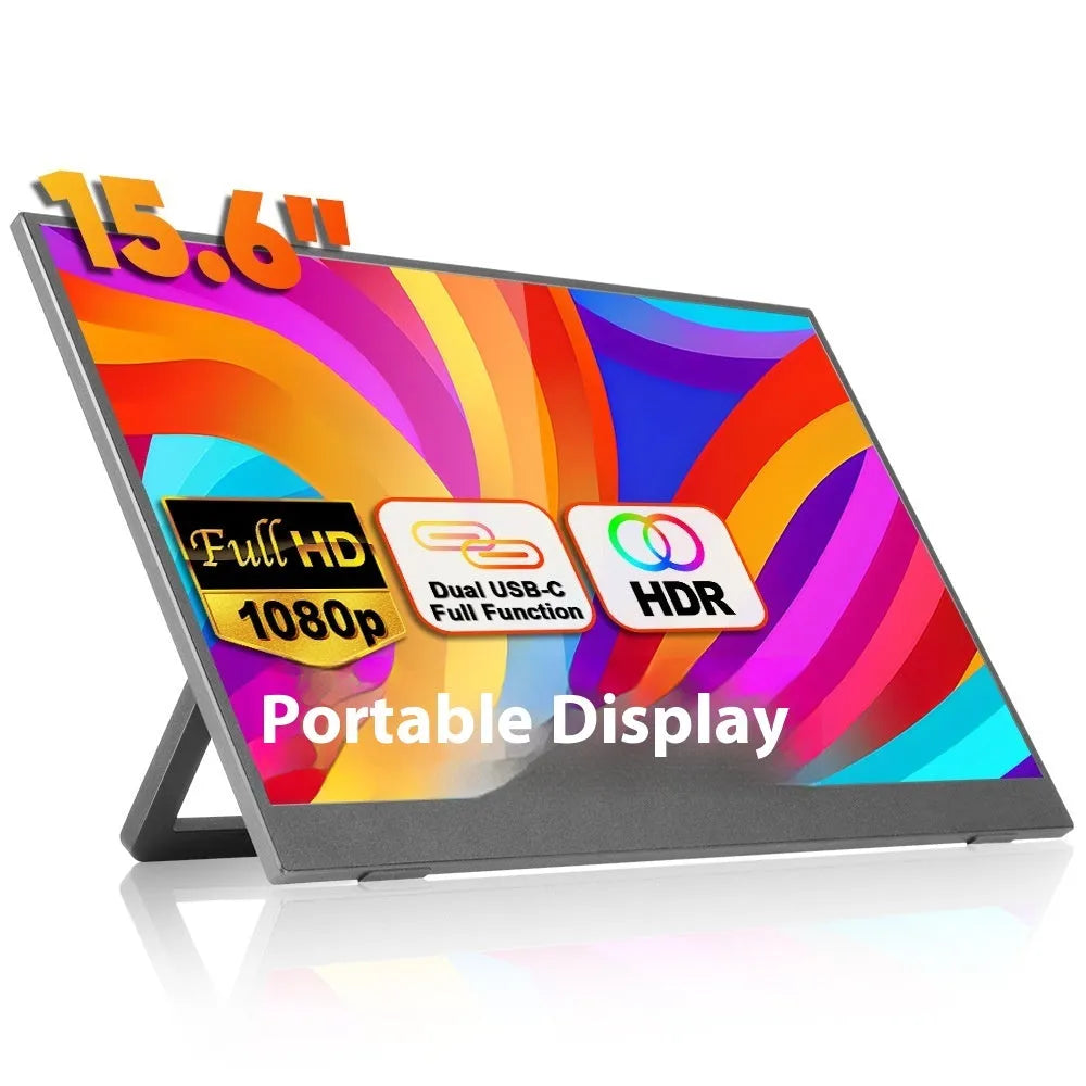 Black 15.6-inch portable LCD monitor on an adjustable stand, shown with HDMI and power cables.