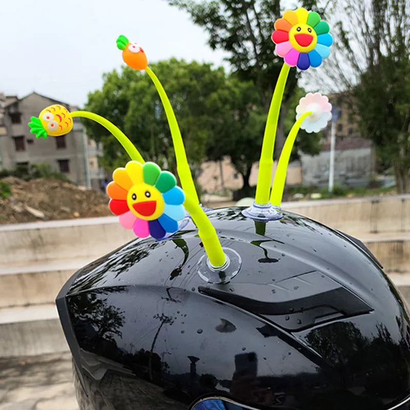Silicone sunflower helmet decoration with suction cup and swinging stem on motorcycle helmet