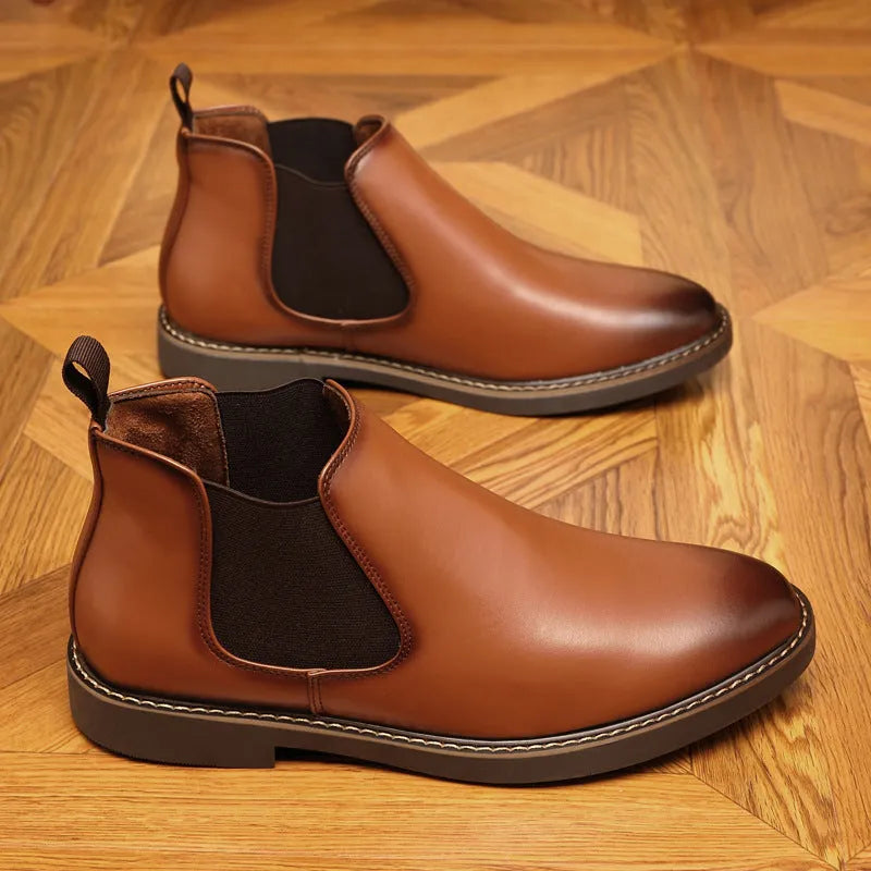 Black and brown formal men's pointed-toe leather boots with a square rubber heel.