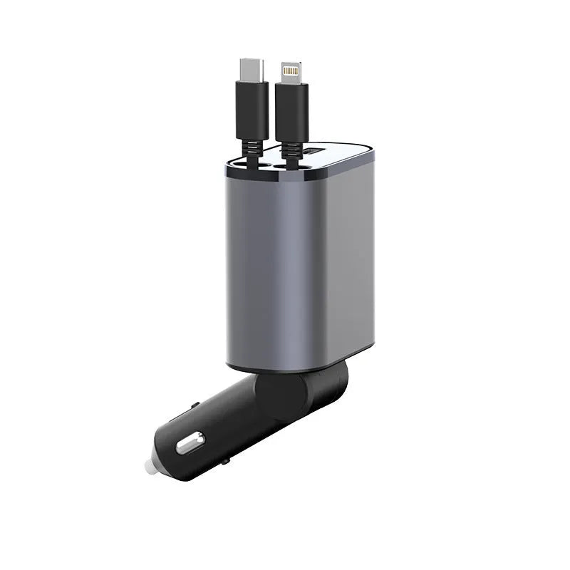 100W metal car charger with retractable cable and adjustable head for fast mobile charging in a car