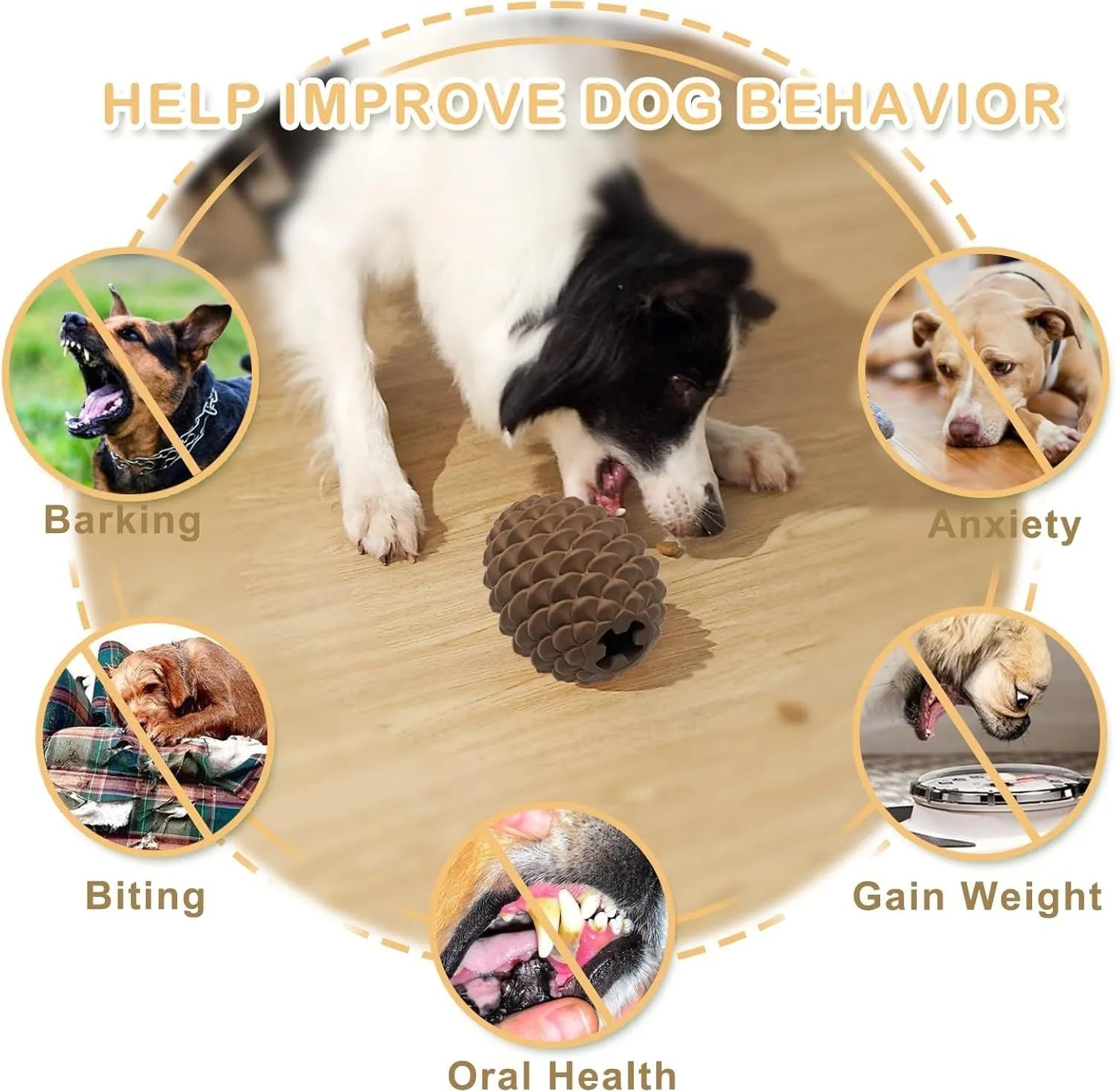 Yellow pine cone shaped tough dog toy made from natural rubber with treat dispenser for large breed dogs.