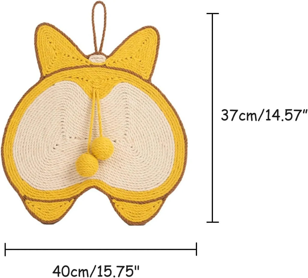 Yellow Corgi design sisal cat scratching pad with anti-slip base and adhesive hooks