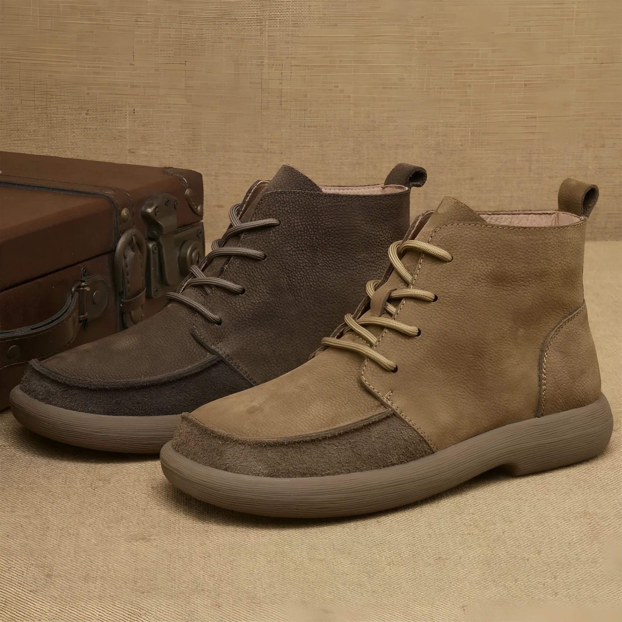 Men's grey retro Martin ankle boots with frosted leather and front lace-up design on a rubber sole.