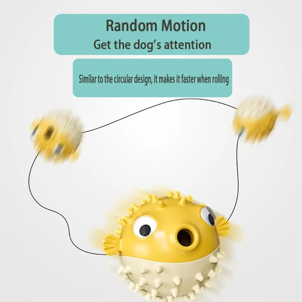 Fish-shaped interactive dog toy with treat dispensing opening and textured surface for medium and large dogs