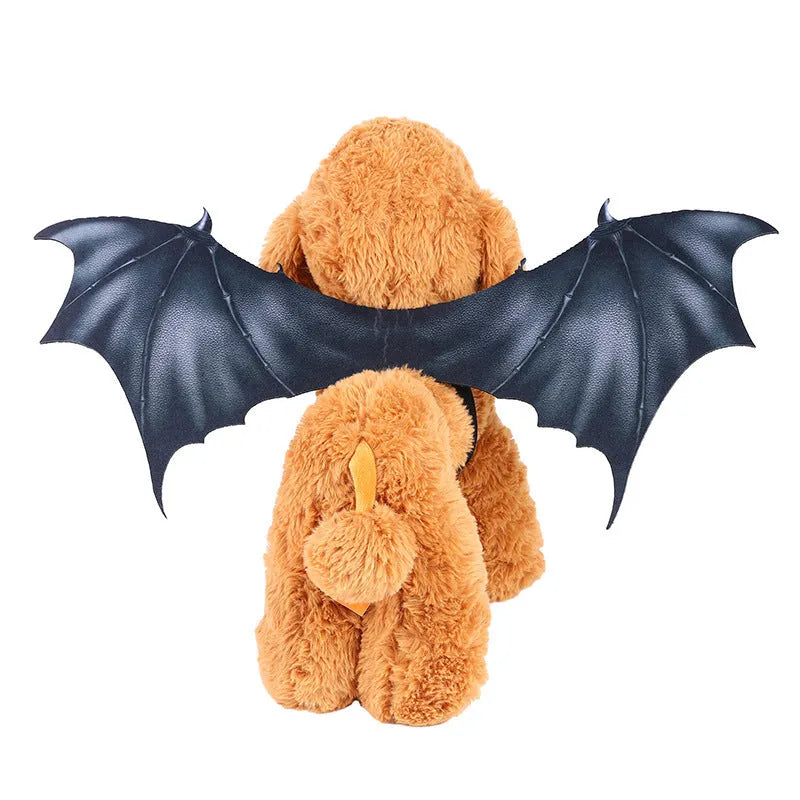 Black cloth bat wing costume for cats and dogs on Halloween, showing large, medium, and small size options.