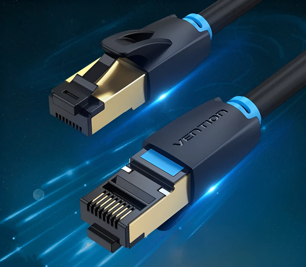 CAT8 Ethernet patch cable with RJ45 connectors, shown in flat and round styles in various lengths.