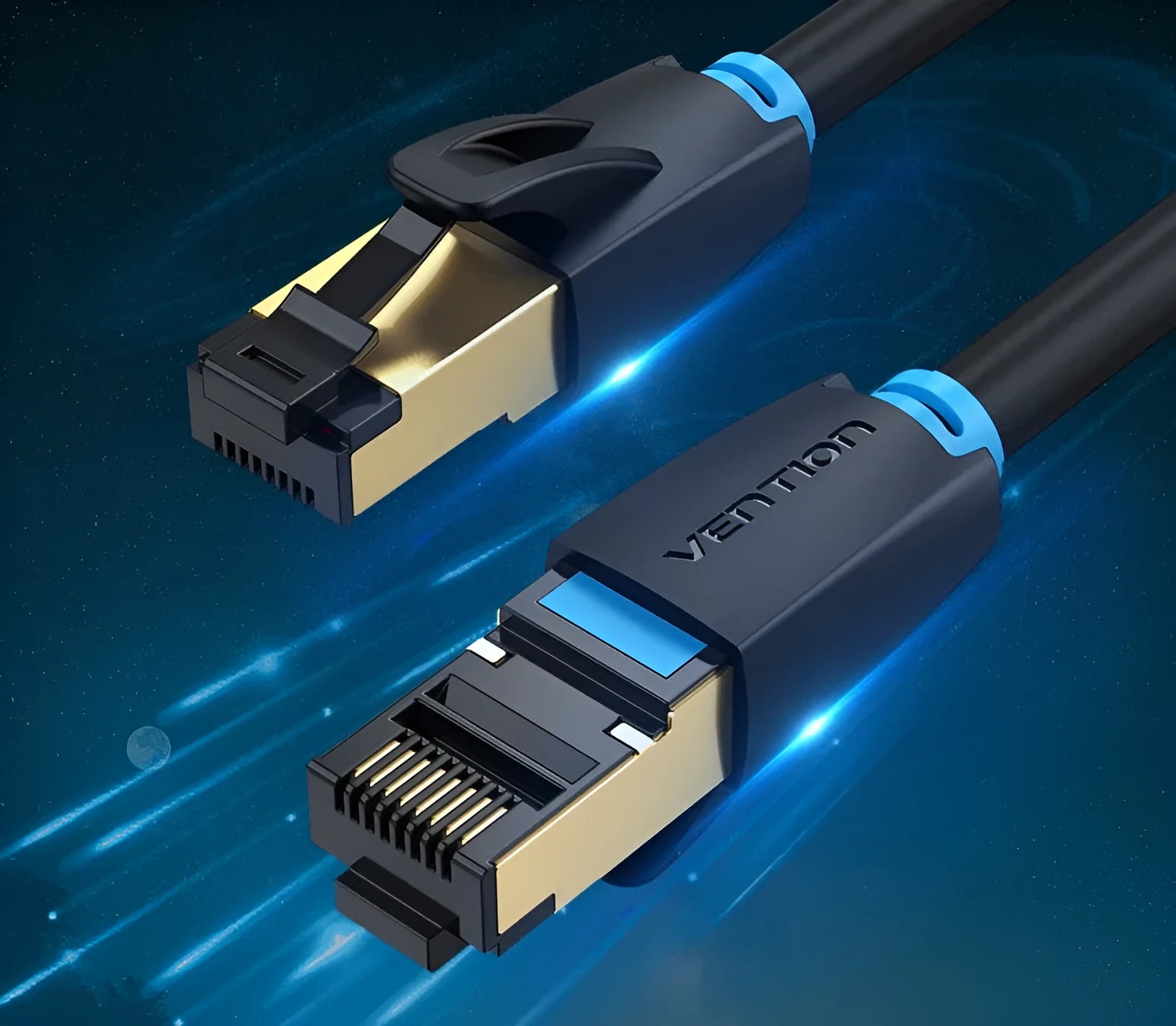CAT8 Ethernet patch cable with RJ45 connectors, shown in flat and round styles in various lengths.
