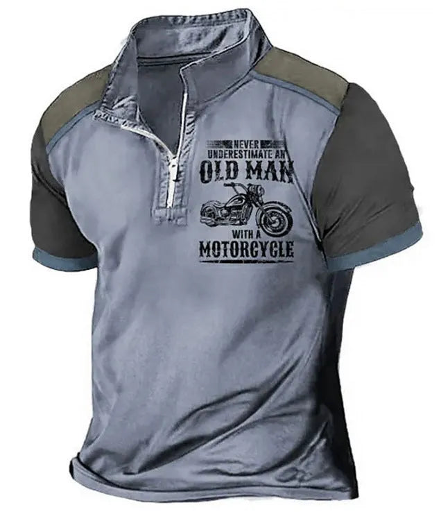 Men's casual polo shirt with a lapel collar and digital printed design on the front.