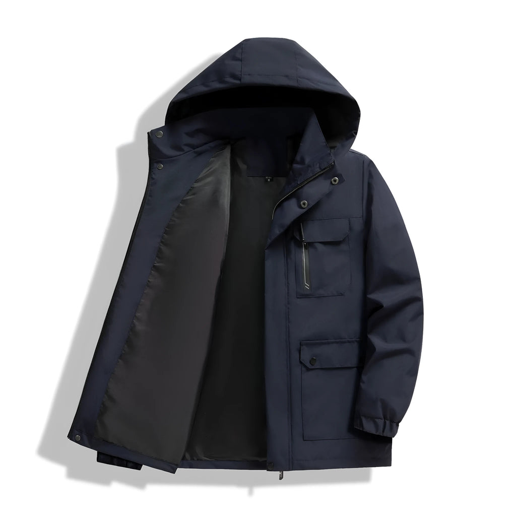 Men's warm hooded outdoor jacket in loose fit, Korean style, colour black, with zipper and pockets