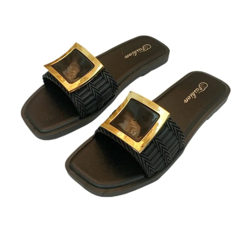 Women's casual apricot flat slippers with a waterproof PVC sole for summer.