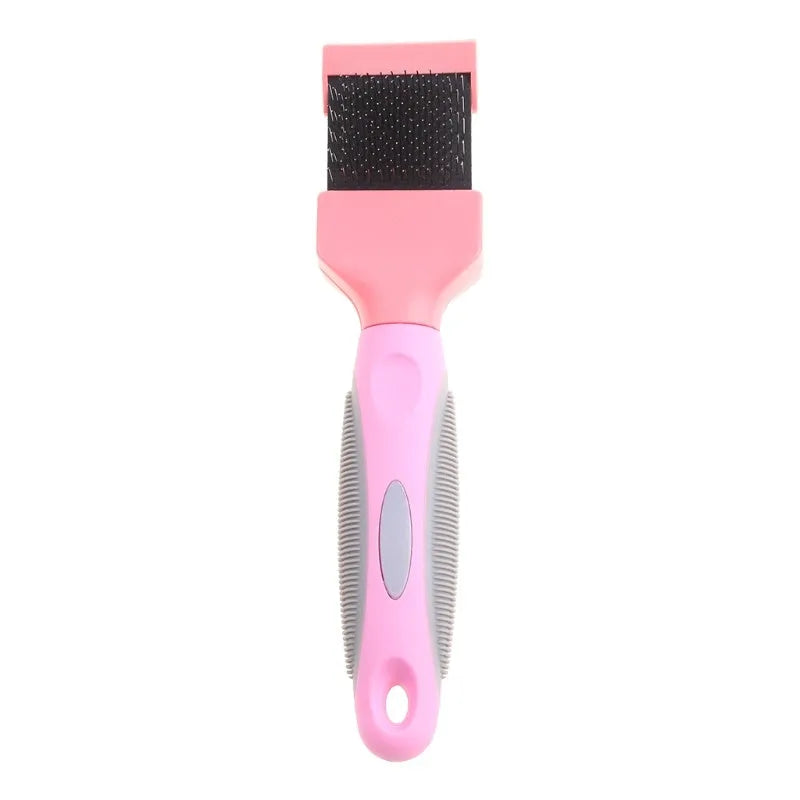 Blue double-sided pet brush with stainless steel pins and ergonomic handle on a white background.
