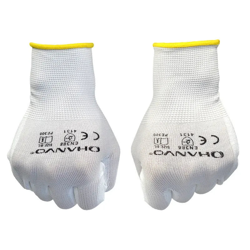 White PU coated work gloves showing palm coating and extended 24cm length.