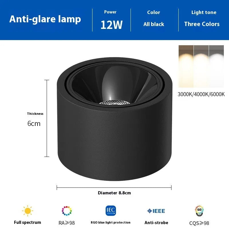 Ultra-thin surface mounted adjustable angle ceiling light aluminium 12W 15W black white finish