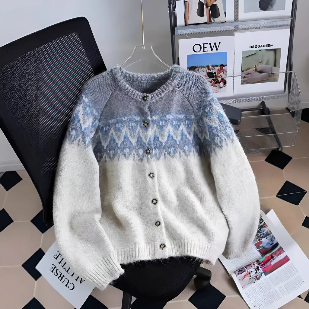 Women's loose-fit jacquard sweater coat in milky white, brown, or navy blue.