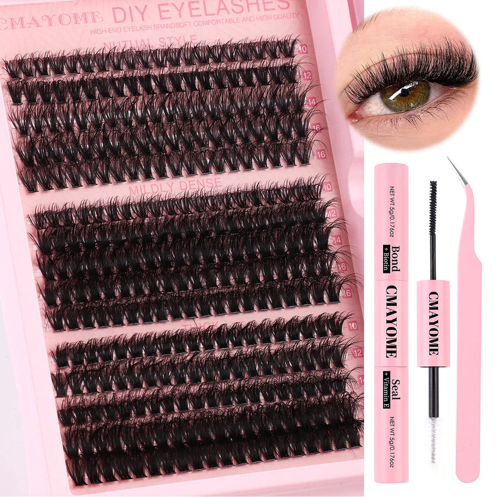 DIY false eyelashes extension suit showing single cluster lashes and eyelash tweezers