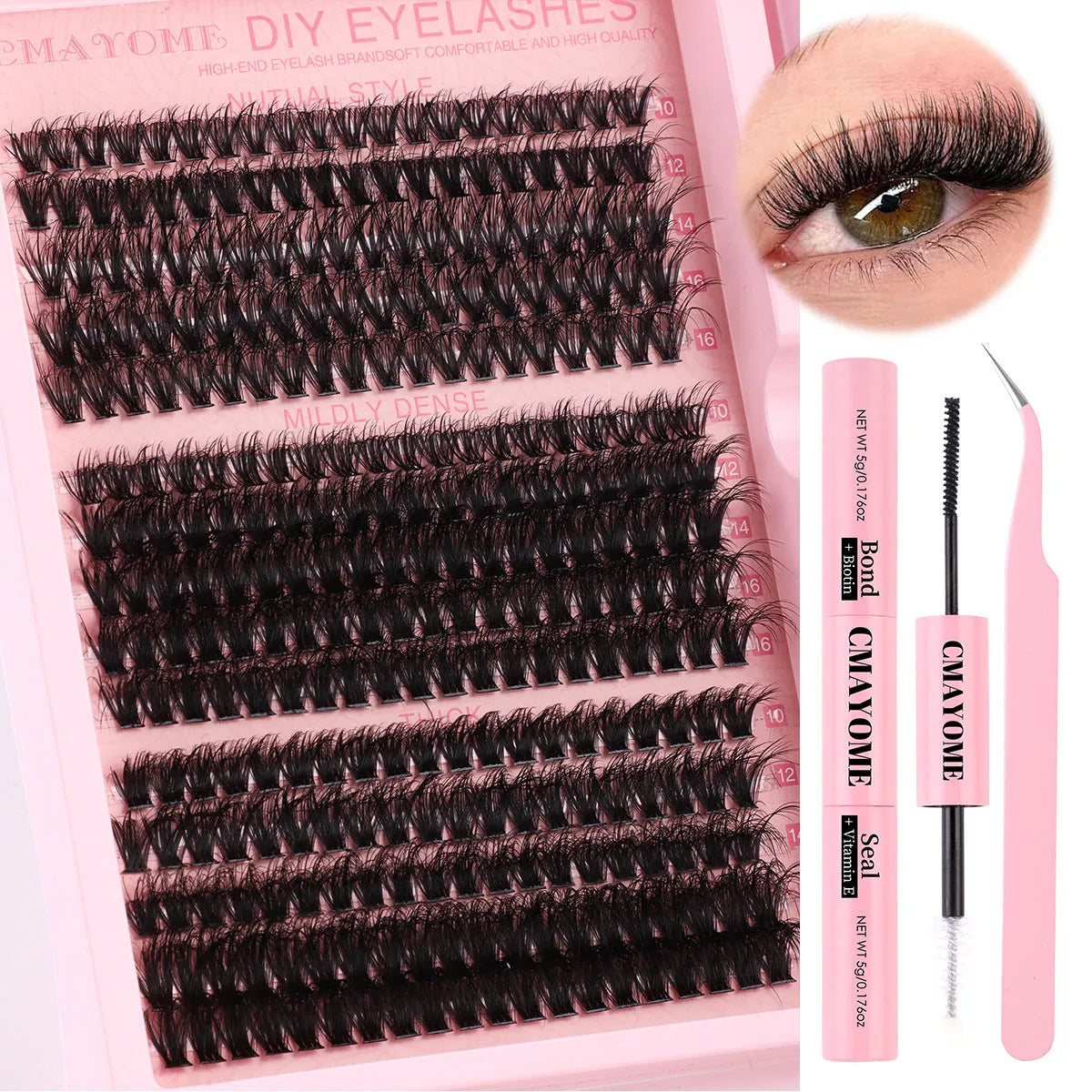 DIY false eyelashes extension suit showing single cluster lashes and eyelash tweezers