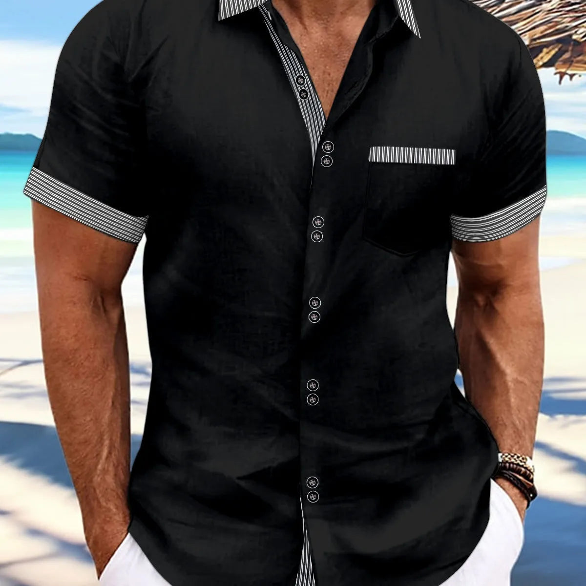 Man wearing a slim fit striped casual shirt in pure cotton, showing double button and short sleeve design.