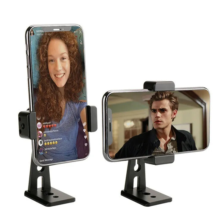 360 degree rotating aluminium alloy phone holder with adjustable clip 60-95mm in black on a desk