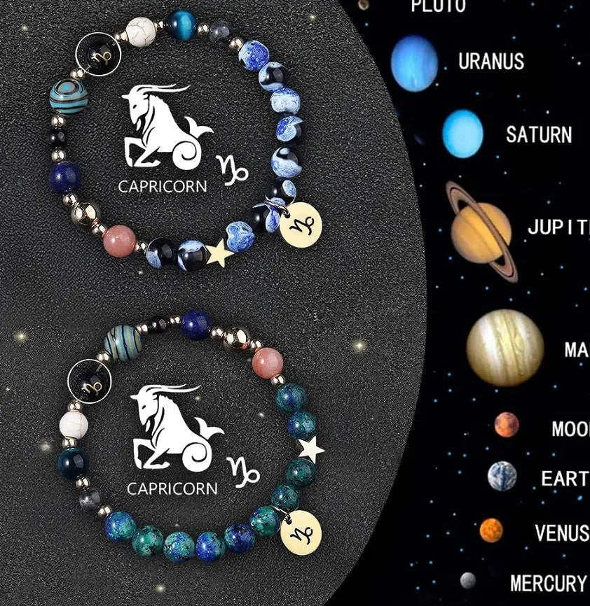 Twelve zodiac sign bracelets with natural stone beads on elastic string showing different astrological designs
