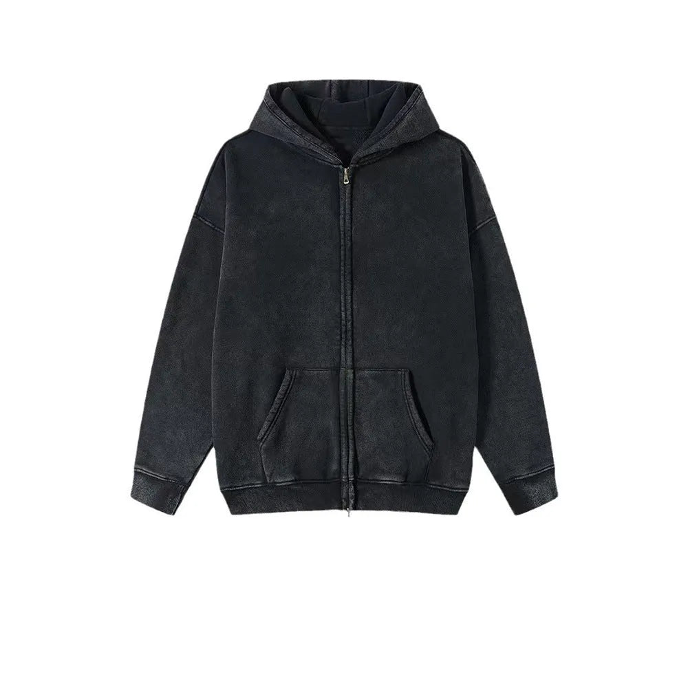 Men's washed cotton hooded cardigan with fleece lining and double zipper in vintage style