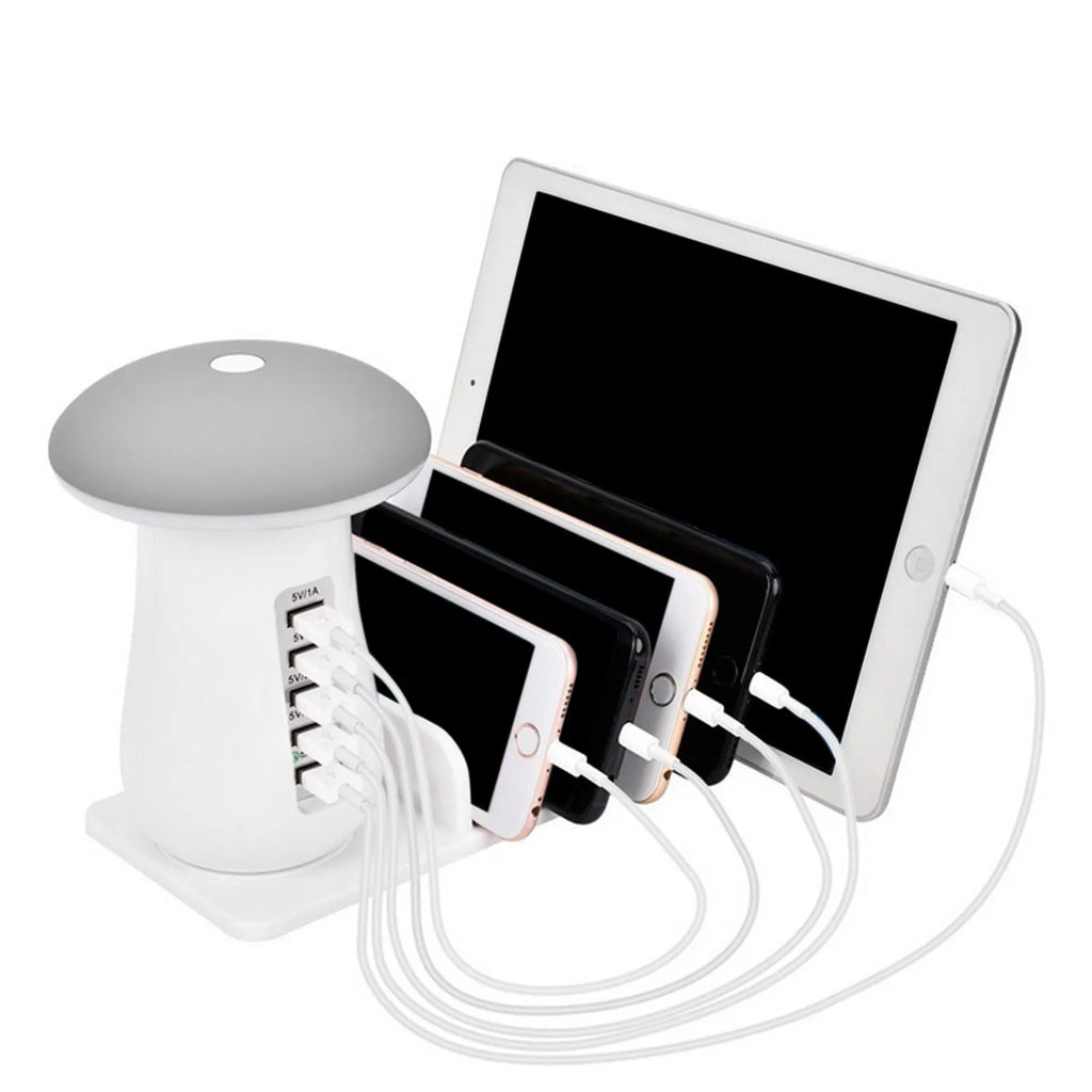 White mushroom-shaped USB charging station with 5 ports and LED lamp for desk organisation