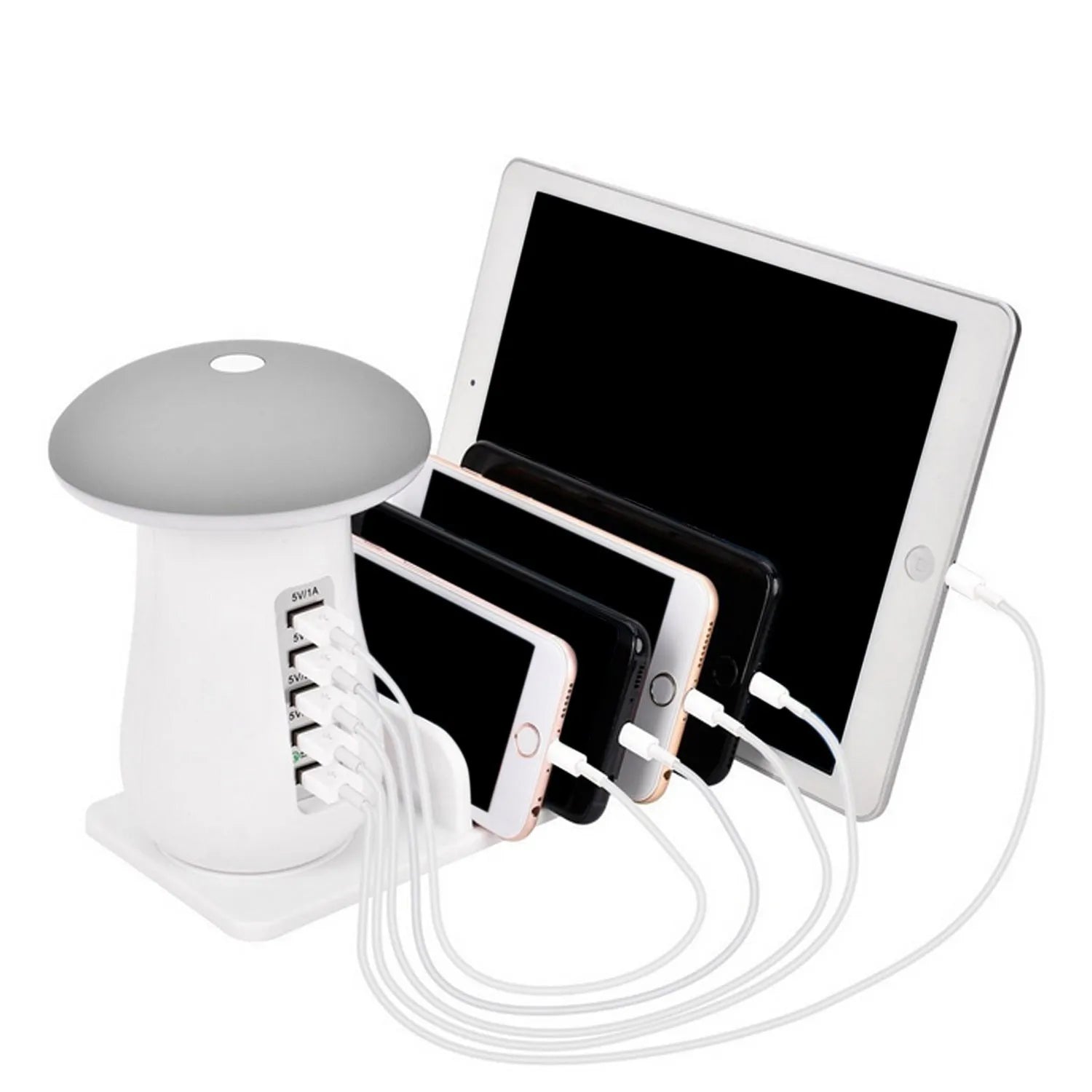 White mushroom-shaped USB charging station with 5 ports and LED lamp for desk organisation