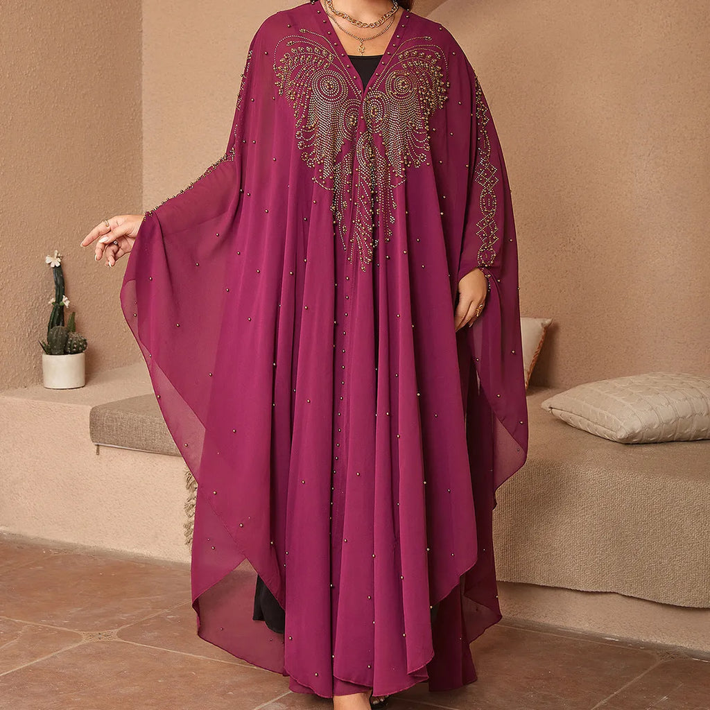 Muslim style chiffon cape shawl with rhinestone beaded trim in various colours showing 135-175cm length