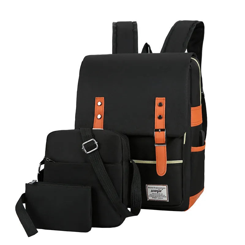 Three-piece business backpack in Oxford cloth with multiple compartments, curved shoulder straps, shown in four colour options