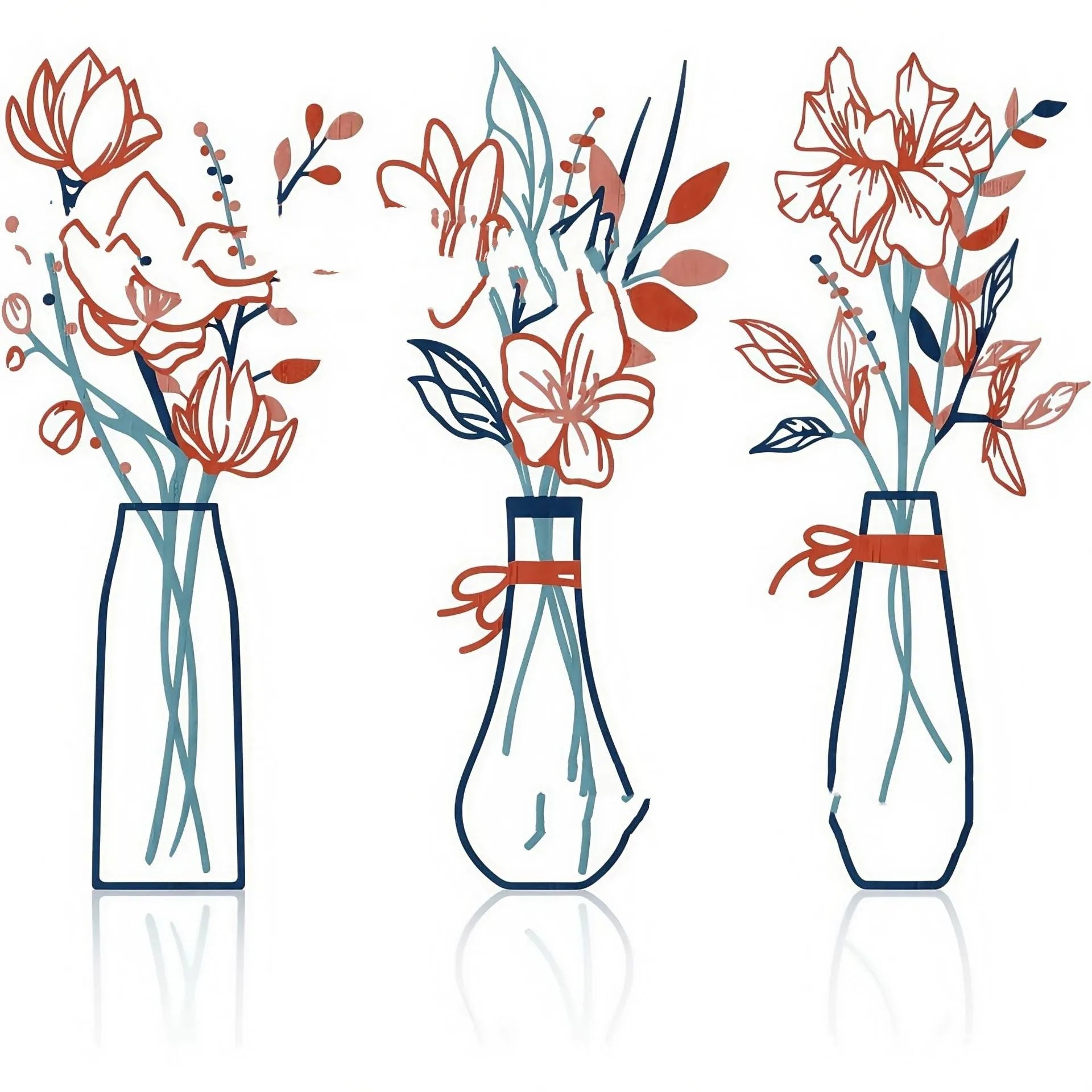 Set of three metal wall art decorations with flowers and coloured vases in modern farmhouse style.