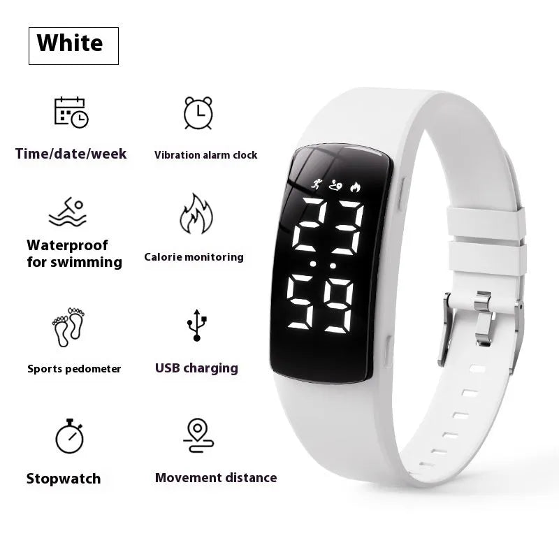 Vibration alarm waterproof electronic watch with coloured silicone strap and LED display.