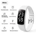 Vibration alarm waterproof electronic watch with coloured silicone strap and LED display.