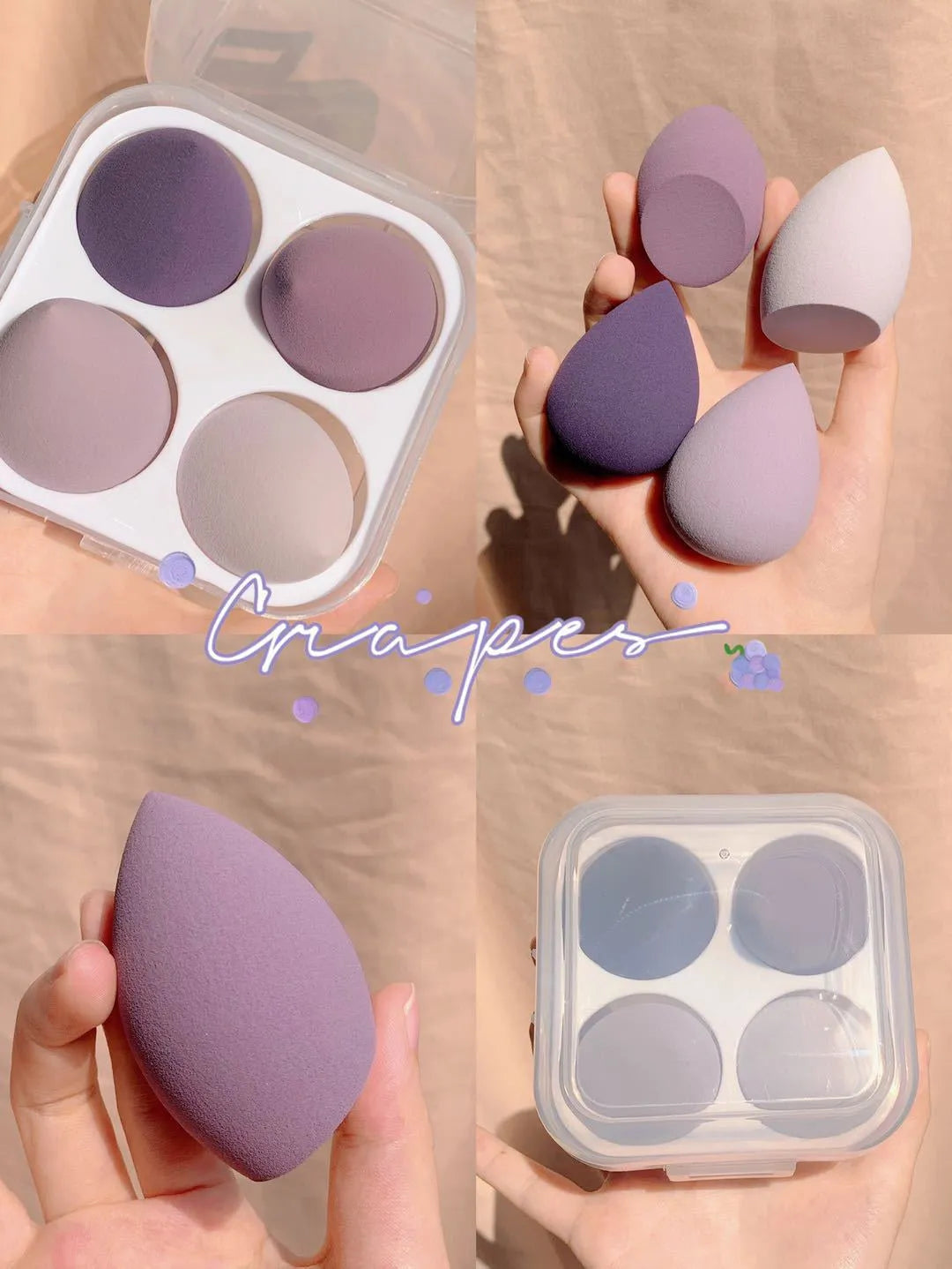Four colourful makeup sponge eggs in grape, mango, mint and peach arranged in box