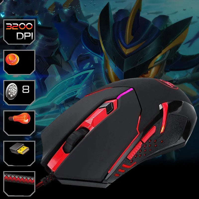 Black and red USB wired optical gaming mouse with six buttons and ergonomic design