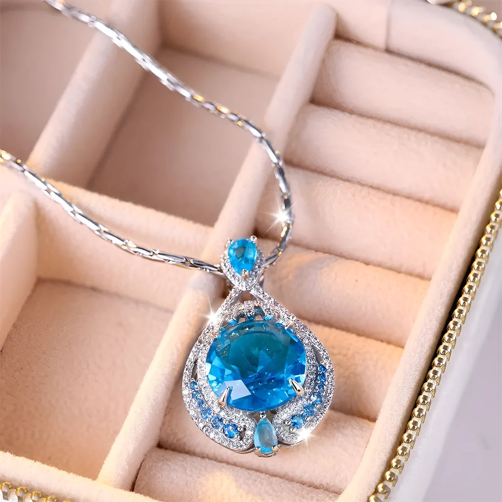 Geometric blue crystal pendant necklace on water wave chain for women