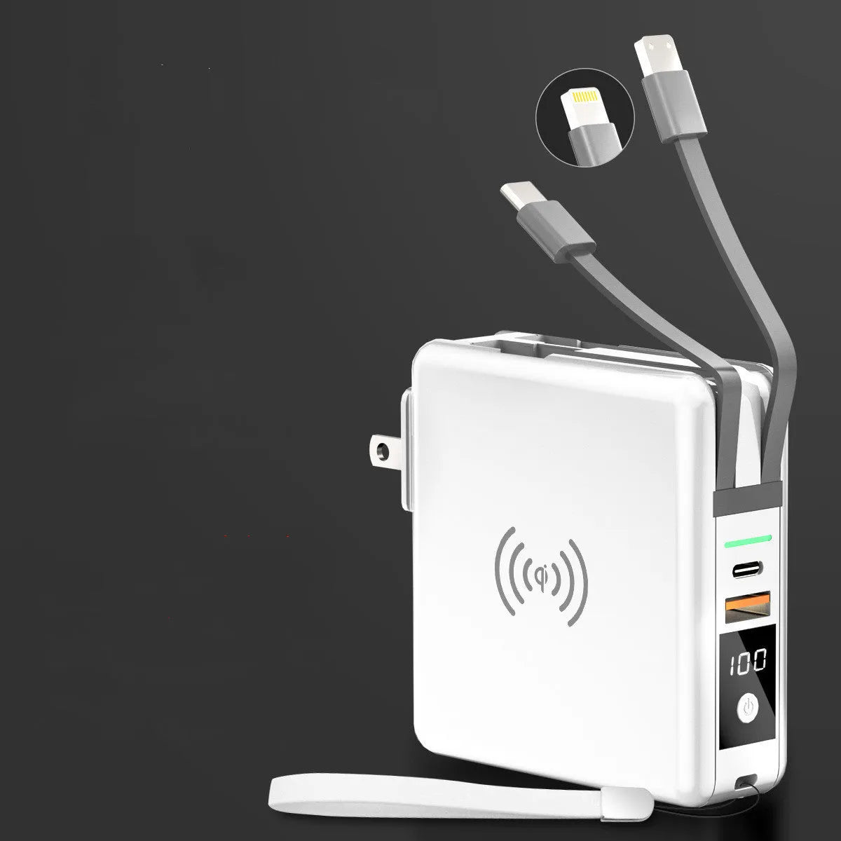 Black PD20W power bank with wireless charging and flip-out UK US EU AU plug adapters