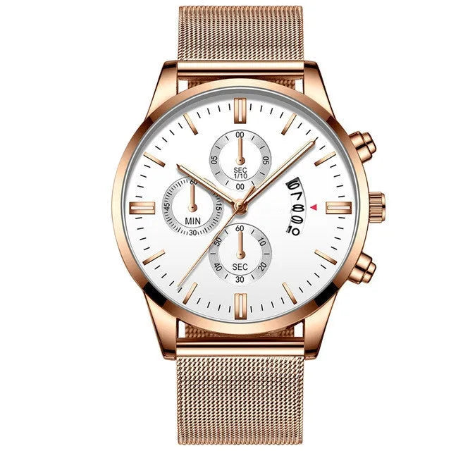 Men's stainless steel quartz watch with mesh band and two-tone case on wrist