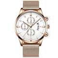 Men's stainless steel quartz watch with mesh band and two-tone case on wrist